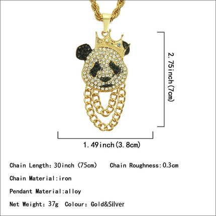 Hip Hop Crown Panda Pendant Necklace Iced Out Cuban Link Chain Mens Women