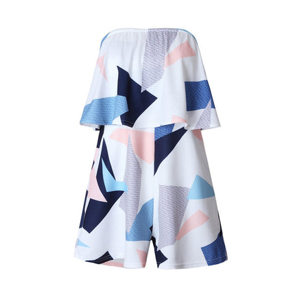 Floral Print Ruffles Strapless Rompers Summer Pleated Chest Wrapped Playsuits Womens Jumpsuit