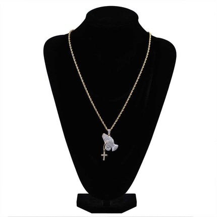 Iced Out Praying Hand Pendant Necklace With Cross Gold Silver Color Hip Hop Necklace