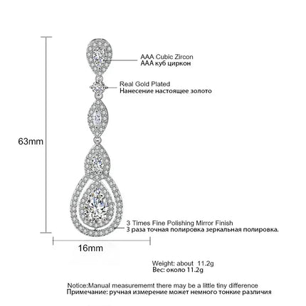 ZAKOL Luxury Water Drop Cubic Zircon Long Dangle Earrings for Women Bridal Wedding Jewelry Dress EP2114