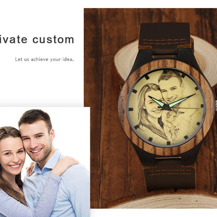 Personalized Custom Watch Photo Ebony Wooden Watch Engraving Picture Leather Band Unique Quartz Watches