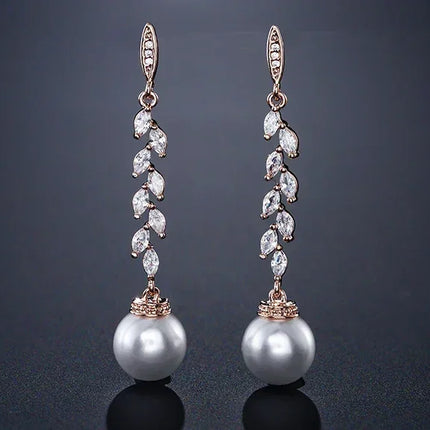 ZAKOL Fashion Round Imitation Pearls Drop Earrings for Women Shinny Zirconia Crystal Leaf Long Bridal Earring Wedding Jewelry