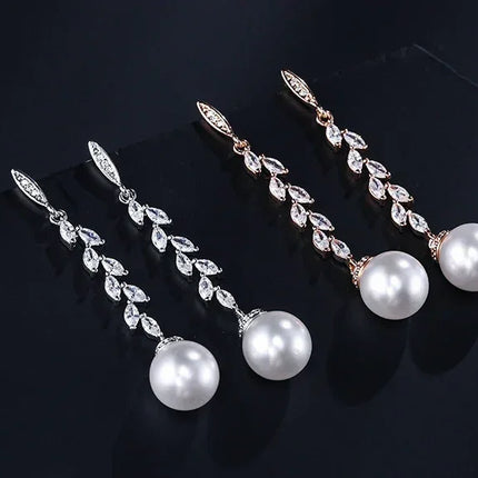 ZAKOL Fashion Round Imitation Pearls Drop Earrings for Women Shinny Zirconia Crystal Leaf Long Bridal Earring Wedding Jewelry
