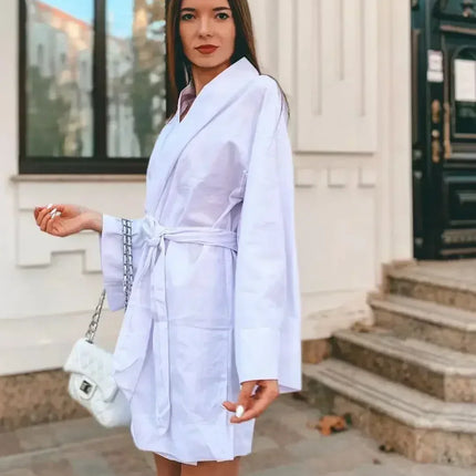 Women's V-Neck Kimono Cardigan Mini Dress Cotton Linen Long Sleeve Sashes Dresses Robe Style Lace Up Summer Loose Vestidos