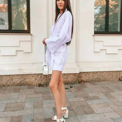 Women's V-Neck Kimono Cardigan Mini Dress Cotton Linen Long Sleeve Sashes Dresses Robe Style Lace Up Summer Loose Vestidos