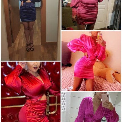 deep v neck bodycon dress Party club hollow out mini dress Elegant lantern sleeve satin dress
