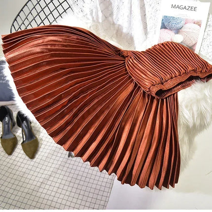 Classic Golden Velvet Pleated Skirt High Waist Retro Style Fashion Office Lady Pleated Long Skirt Winter Velvet Skirt 90cm Long