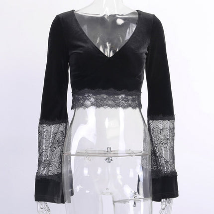 Ins Goth Sexy Women Gothic Crop Top Flare Long Sleeve Lace Hollow Out Black  V-neck T-shirt