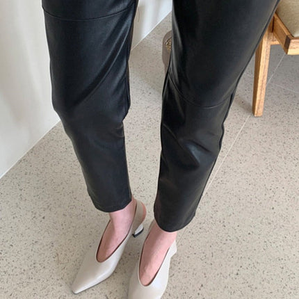 Spliced Loose Leather Pants Women Zipper PU Leather Trousers Women
