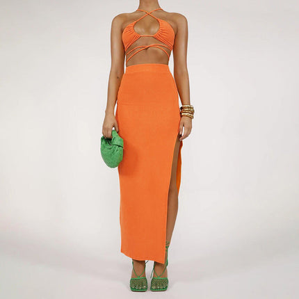 Cryptographic Bandage Cut Out Sexy Halter Neck Top and Skirts Set Gathered Elegant