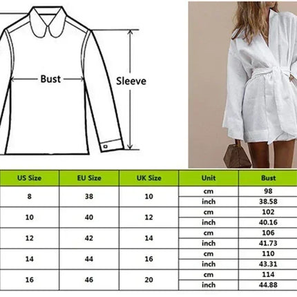 Women's V-Neck Kimono Cardigan Mini Dress Cotton Linen Long Sleeve Sashes Dresses Robe Style Lace Up Summer Loose Vestidos