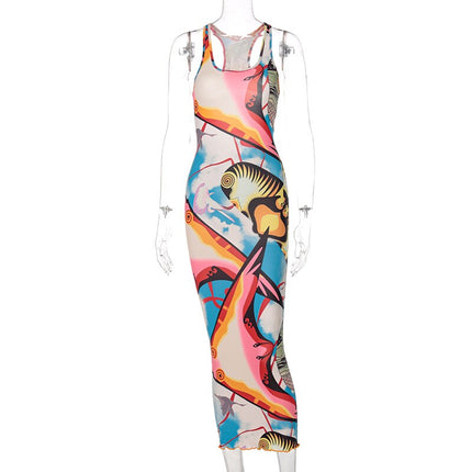Sleeveless Hollow Out Straps Asymmetric Print Backless Ruched Sexy Maxi Dress