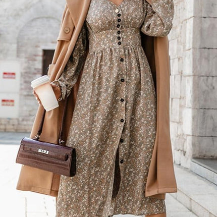 Retro pleated v-neck buttons A-line floral Elegant high waist maxi dress Long lantern sleeves vestido female