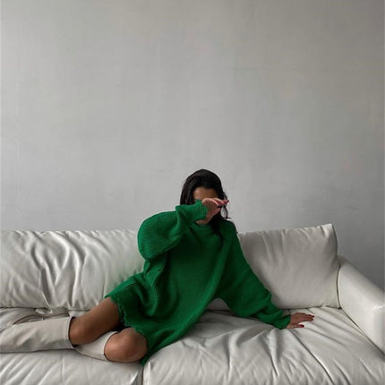 O Neck Oversized Mini Knitted Women Sweater Loose Dresses Autumn Winter Long Sleeve