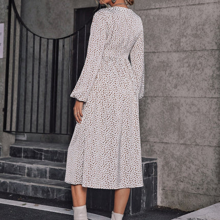 Retro pleated v-neck buttons A-line floral Elegant high waist maxi dress Long lantern sleeves vestido female