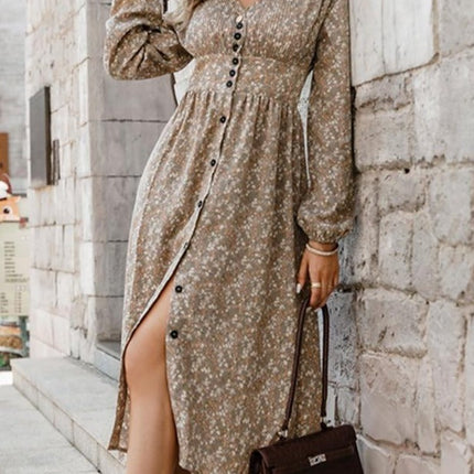 Retro pleated v-neck buttons A-line floral Elegant high waist maxi dress Long lantern sleeves vestido female
