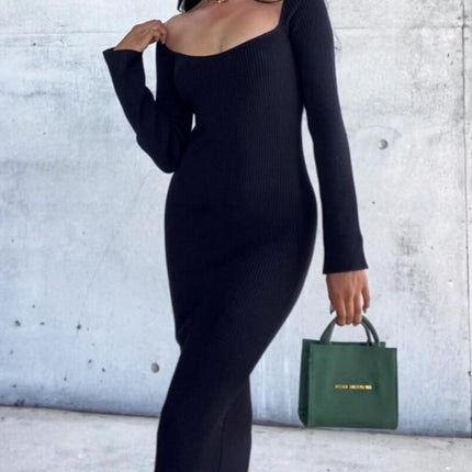 2022 Knitted Green Midi Sexy Bodycon Women Dress Spring Long Sleeve Off Shoulder Split Sweater Dresses