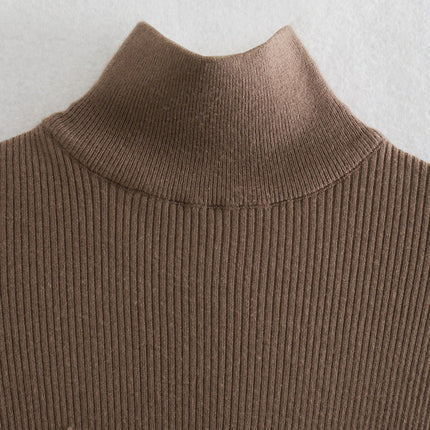 Long Sleeves High-Neck Elastic Midi Dress Lady Knit Sweater Dresses