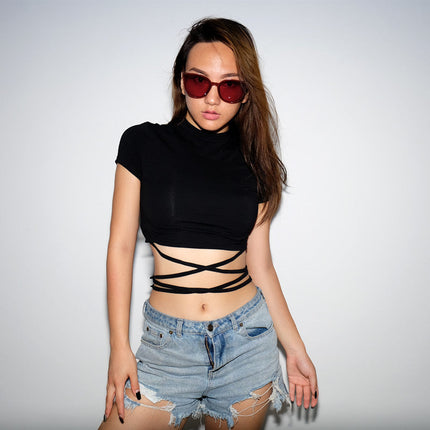 Summer Women Black Short T-Shirts Sexy Crop Tops Short Sleeve Bandage Tee Tops Female Shirts