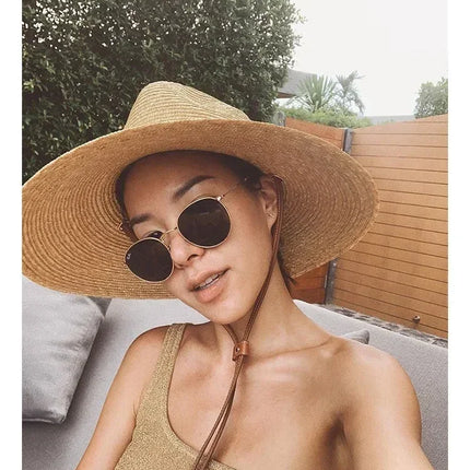 New 2024 Belt Strap Straw Sun Hat For Women Fashion Vacation Beach UV Hats Summer Wide Brim Travel Panama Hats Outdoor Wholesale