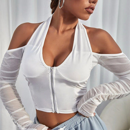 Sexy V-neck Mesh T-shirt Tops Cropped Summer Women See Through Off Shoulder Long Sleeve
