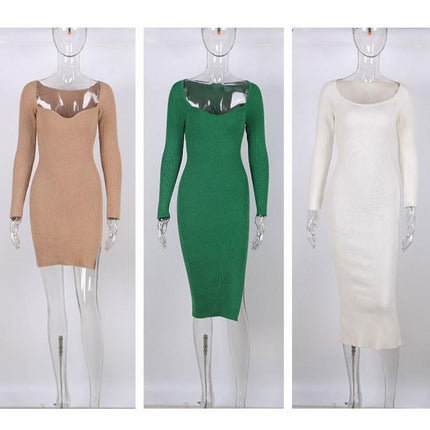 2022 Knitted Green Midi Sexy Bodycon Women Dress Spring Long Sleeve Off Shoulder Split Sweater Dresses