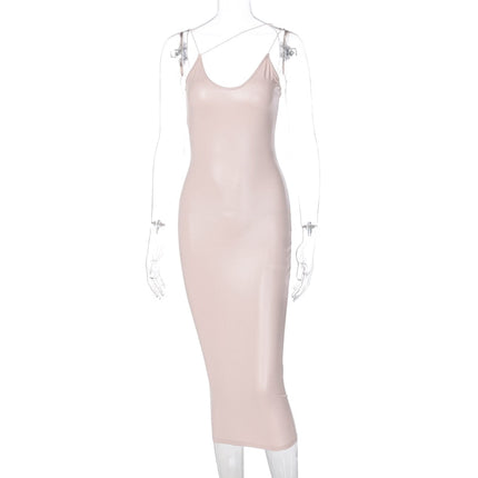 Pu Faux Leather Women Slit Midi Dress Strap V Neck Backless Bodycon Sexy Streetwear