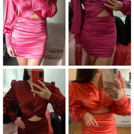 deep v neck bodycon dress Party club hollow out mini dress Elegant lantern sleeve satin dress