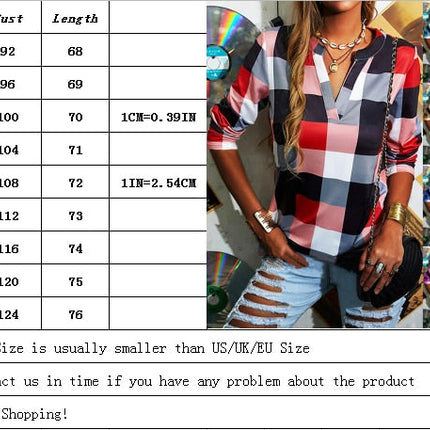 T-shirt Plaid Printed V-neck Long Sleeve Top Casual Loose Large Size Ladies T-shirt