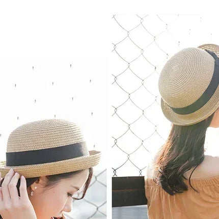 Hats For Women Summer Sun Protection Straw Hat Female Round Top Curled Brim Parent Child Student Sunshade Travel