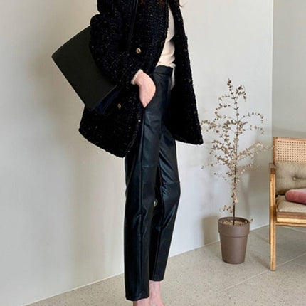 Spliced Loose Leather Pants Women Zipper PU Leather Trousers Women