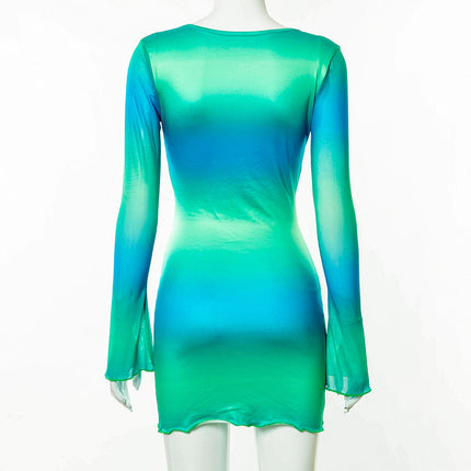 Sexy Tie Dye Bodycon Mini Dress Women Hollow Out Long Sleeve Mesh Skinny Summer 2022