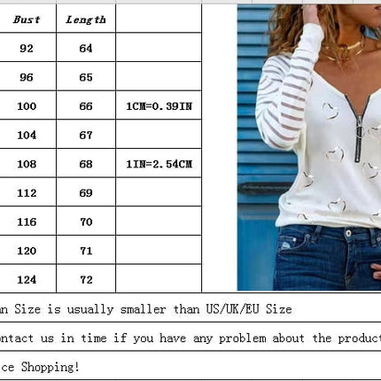 Love Printing T-shirt Sexy V-neck Zipper Neck Long-sleeved T-shirt Casual Loose Pullover Top