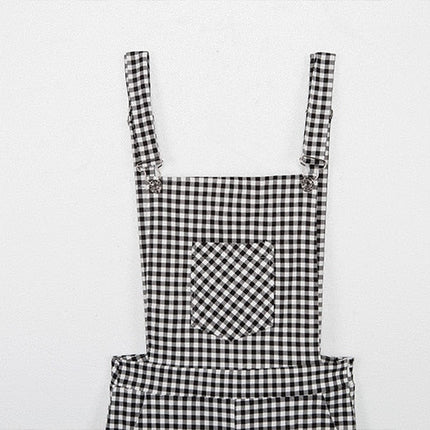 Women Straps Jumpsuits Ladies Summer Plaids Checked Playsuits Backless Outfits White&Black