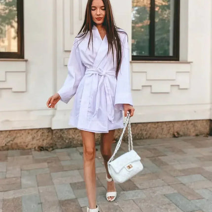 Women's V-Neck Kimono Cardigan Mini Dress Cotton Linen Long Sleeve Sashes Dresses Robe Style Lace Up Summer Loose Vestidos