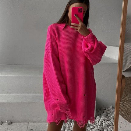 O Neck Oversized Mini Knitted Women Sweater Loose Dresses Autumn Winter Long Sleeve