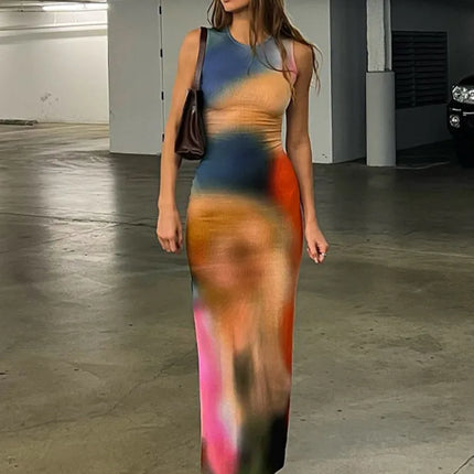 Tie Dye Print Ribbed Midi Dress Bodycon Side Slit Y2K