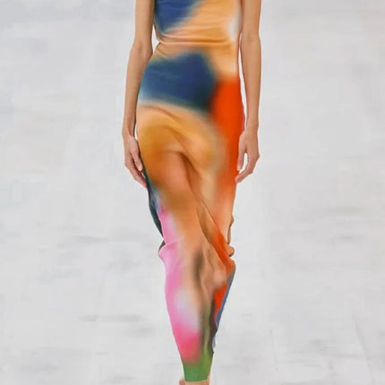 Tie Dye Print Ribbed Midi Dress Bodycon Side Slit Y2K