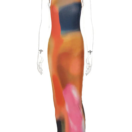 Tie Dye Print Ribbed Midi Dress Bodycon Side Slit Y2K