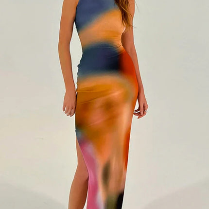 Tie Dye Print Ribbed Midi Dress Bodycon Side Slit Y2K