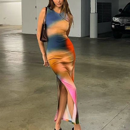 Tie Dye Print Ribbed Midi Dress Bodycon Side Slit Y2K