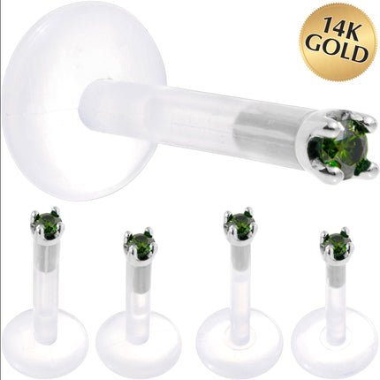 Solid 14K White Gold 1.5mm Genuine Green Diamond Bioplast Push in Labret