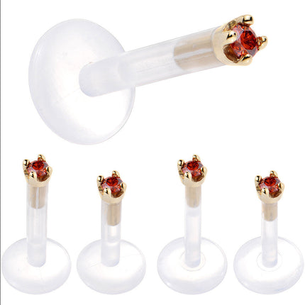 Solid 14K Yellow Gold 1.5mm Genuine Red Diamond Bioplast Push in Labret