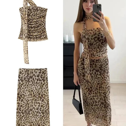Leopard Print Wrapped Suit Backless Sleeveless Tops Skirts