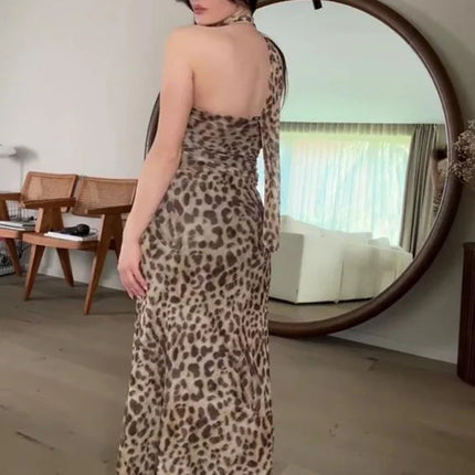 Leopard Print Wrapped Suit Backless Sleeveless Tops Skirts