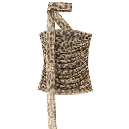 Leopard Print Wrapped Suit Backless Sleeveless Tops Skirts