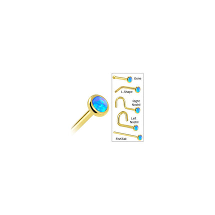 Solid 14K Yellow Gold 2mm Blue Synthetic Opal Nose Ring