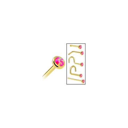 Solid 14K Yellow Gold 2mm Brilliant Pink Synthetic Opal Nose Ring