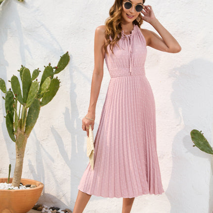 Tie High Waist Pleated Pom Dress Sleeveless Summer Dress