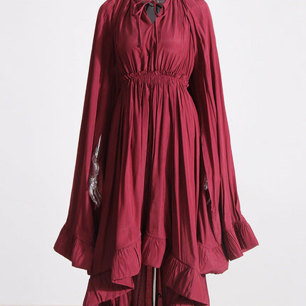 French Palace Style V-Neck Long Sleeve Shawl Pleated Ruffle Dress